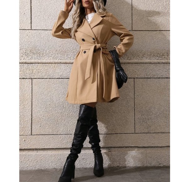 Tan Preppy Womens Lapel Neck Double Breasted Belted Overcoat - Picture 2 of 8